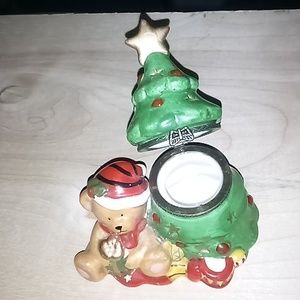 Vintage Christmas Teddy Bear By the Christmas Tree Porcelain Hinged Trinket Box